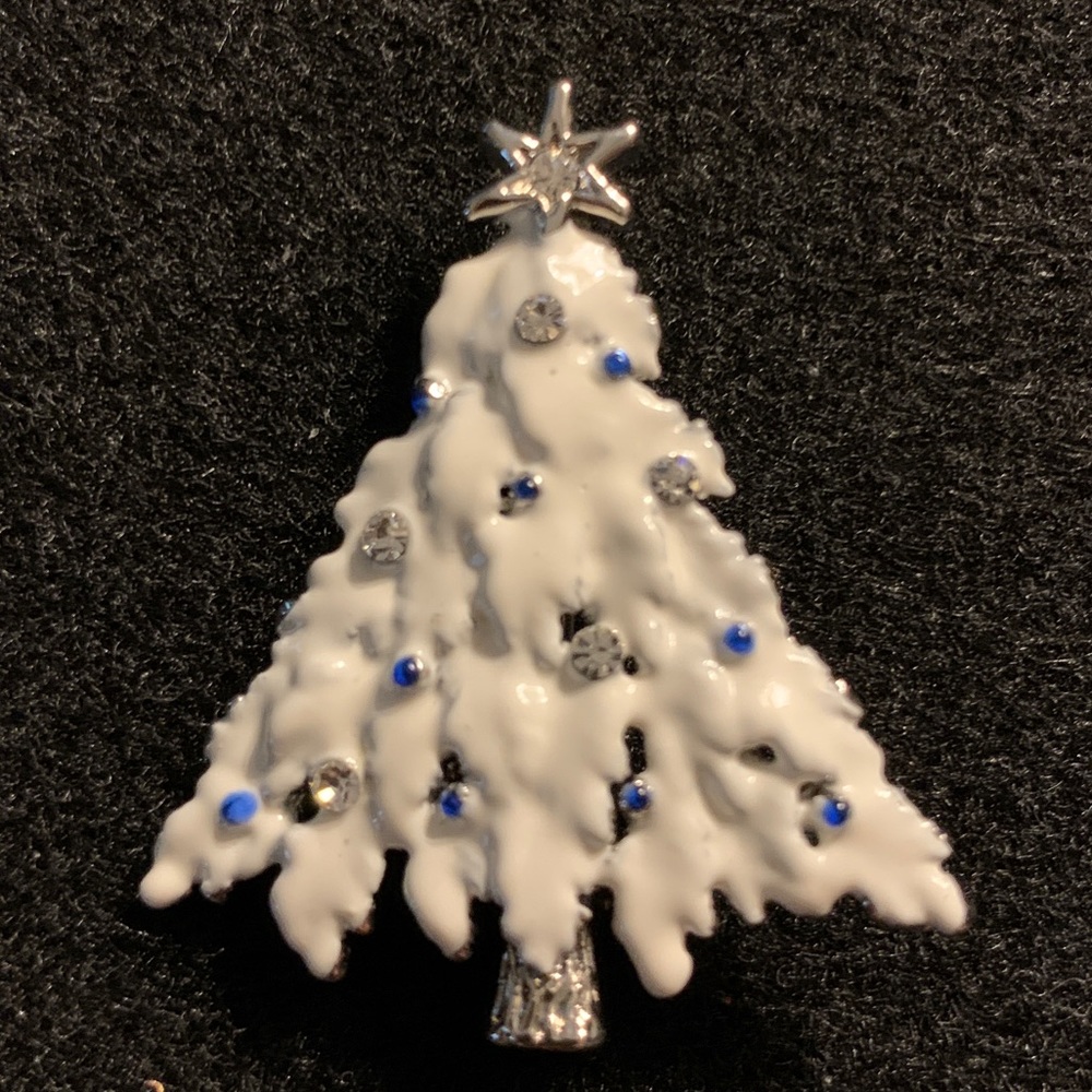 Sweet White Christmas Tree Pin with silver tone back